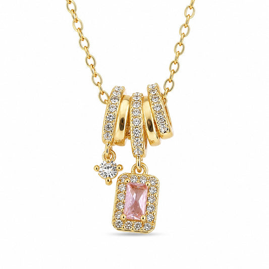 Gold Pink Crystal Charm Pendant Necklace