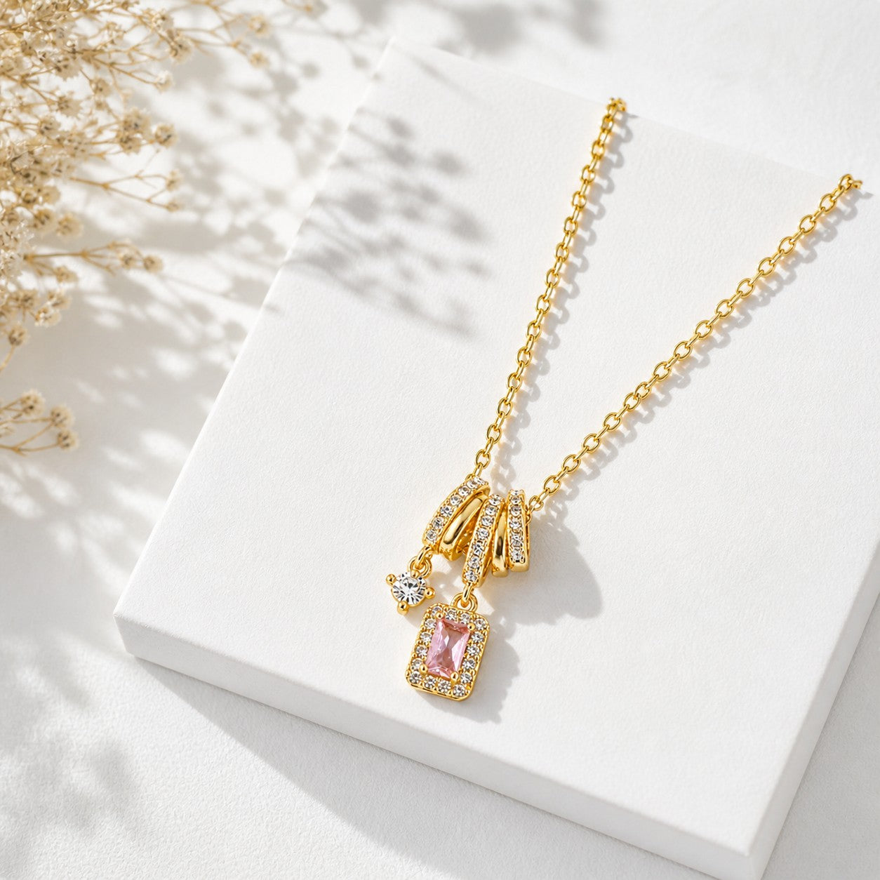 Gold Pink Crystal Charm Pendant Necklace
