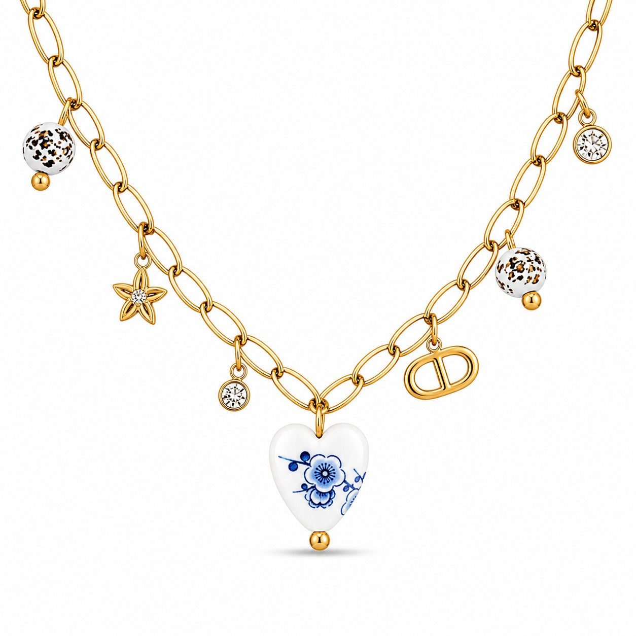 Trendy Gold Multi Charm Heart Necklace