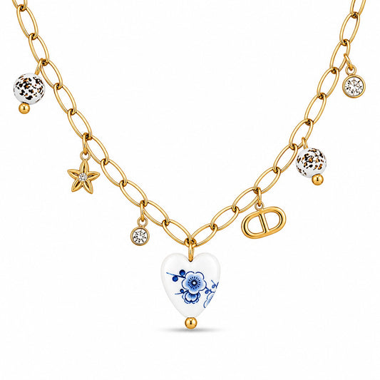Trendy Gold Multi Charm Heart Necklace