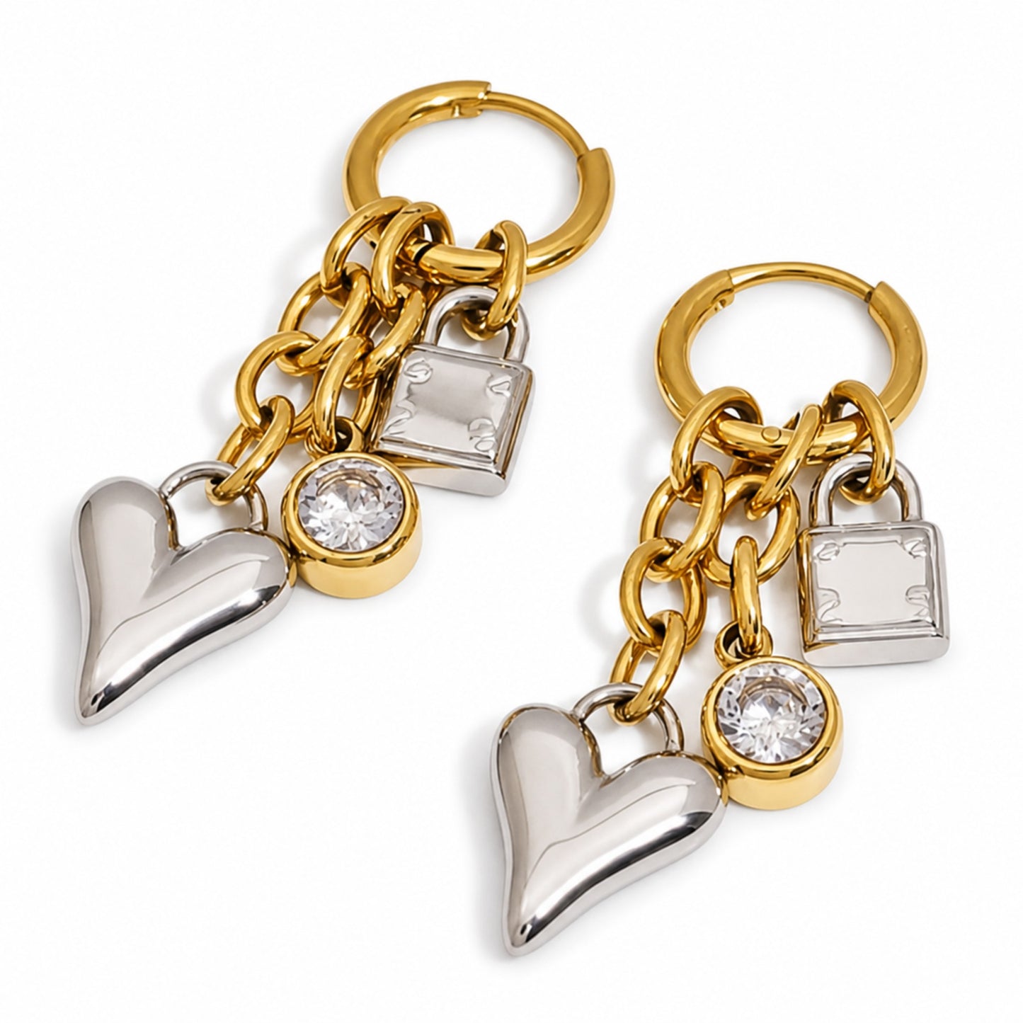 Gold Charm Hoop Earrings – Heart Lock Crystal Dangle Earrings