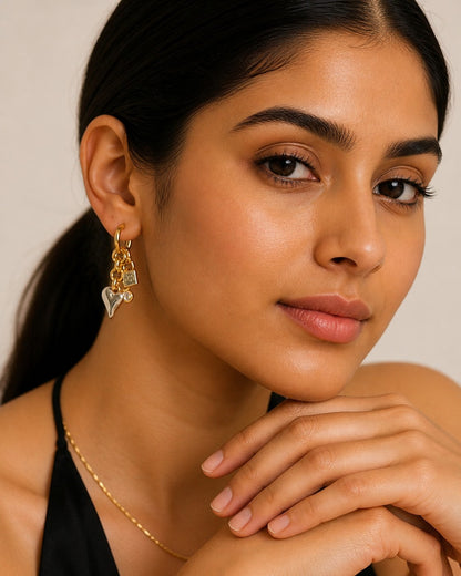 Gold Charm Hoop Earrings – Heart Lock Crystal Dangle Earrings