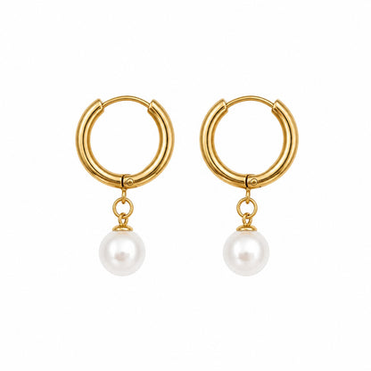 Gold Pearl Drop Hoop Earrings