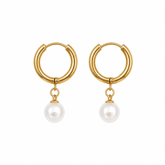 Gold Pearl Drop Hoop Earrings
