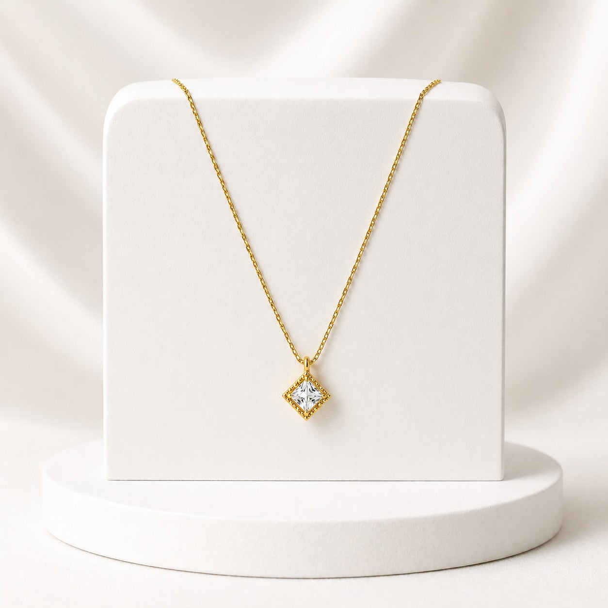 Elegant Gold Square Crystal Charm Necklace