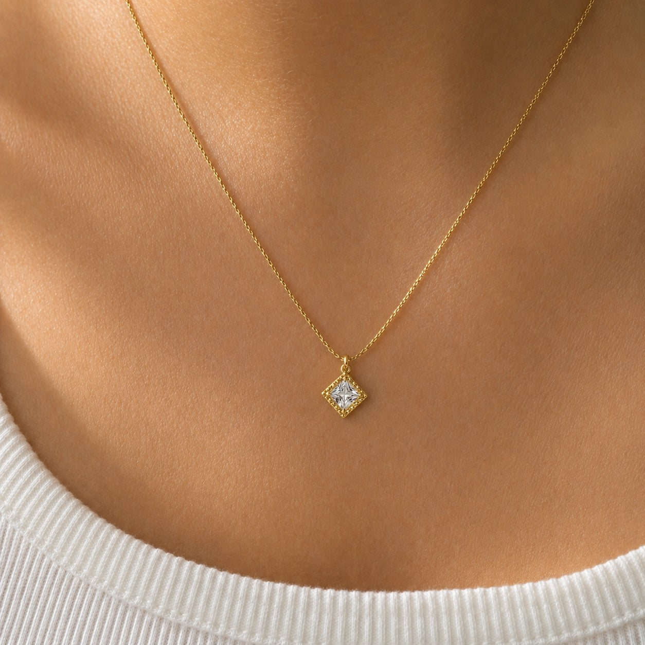 Elegant Gold Square Crystal Charm Necklace