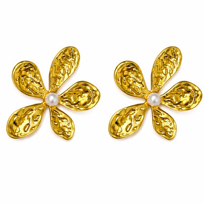 Gold Flower Pearl Stud Earrings