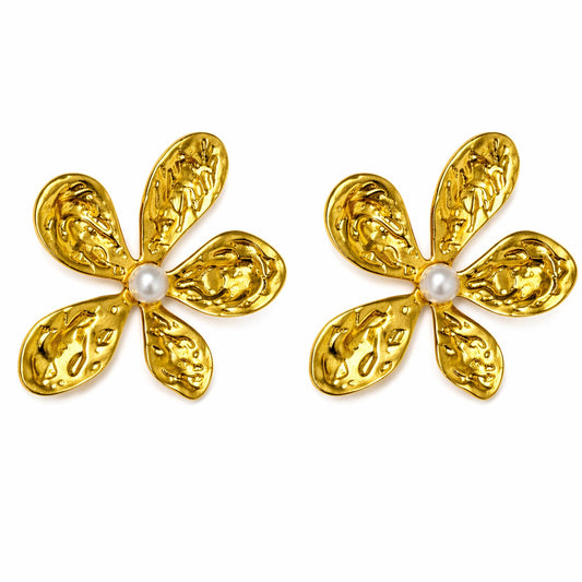 Gold Flower Pearl Stud Earrings