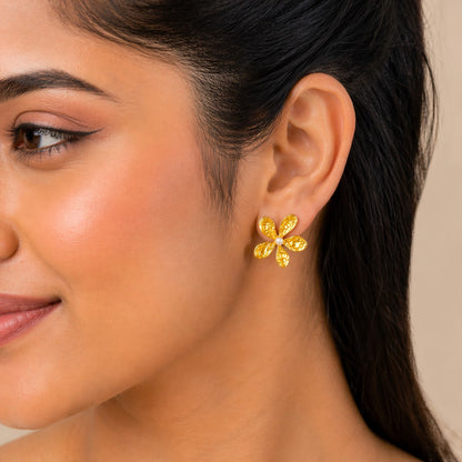 Gold Flower Pearl Stud Earrings