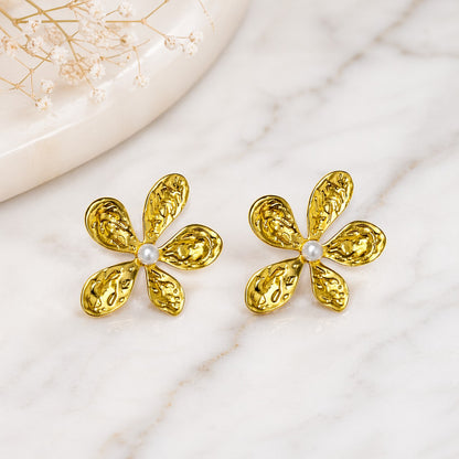 Gold Flower Pearl Stud Earrings