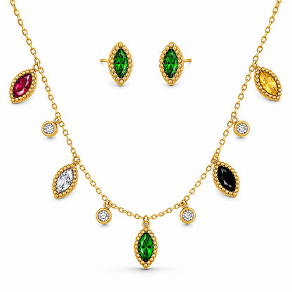 Gold Multicolor Crystal Necklace and Earrings Set