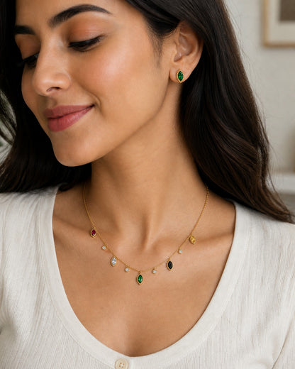 Gold Multicolor Crystal Necklace and Earrings Set