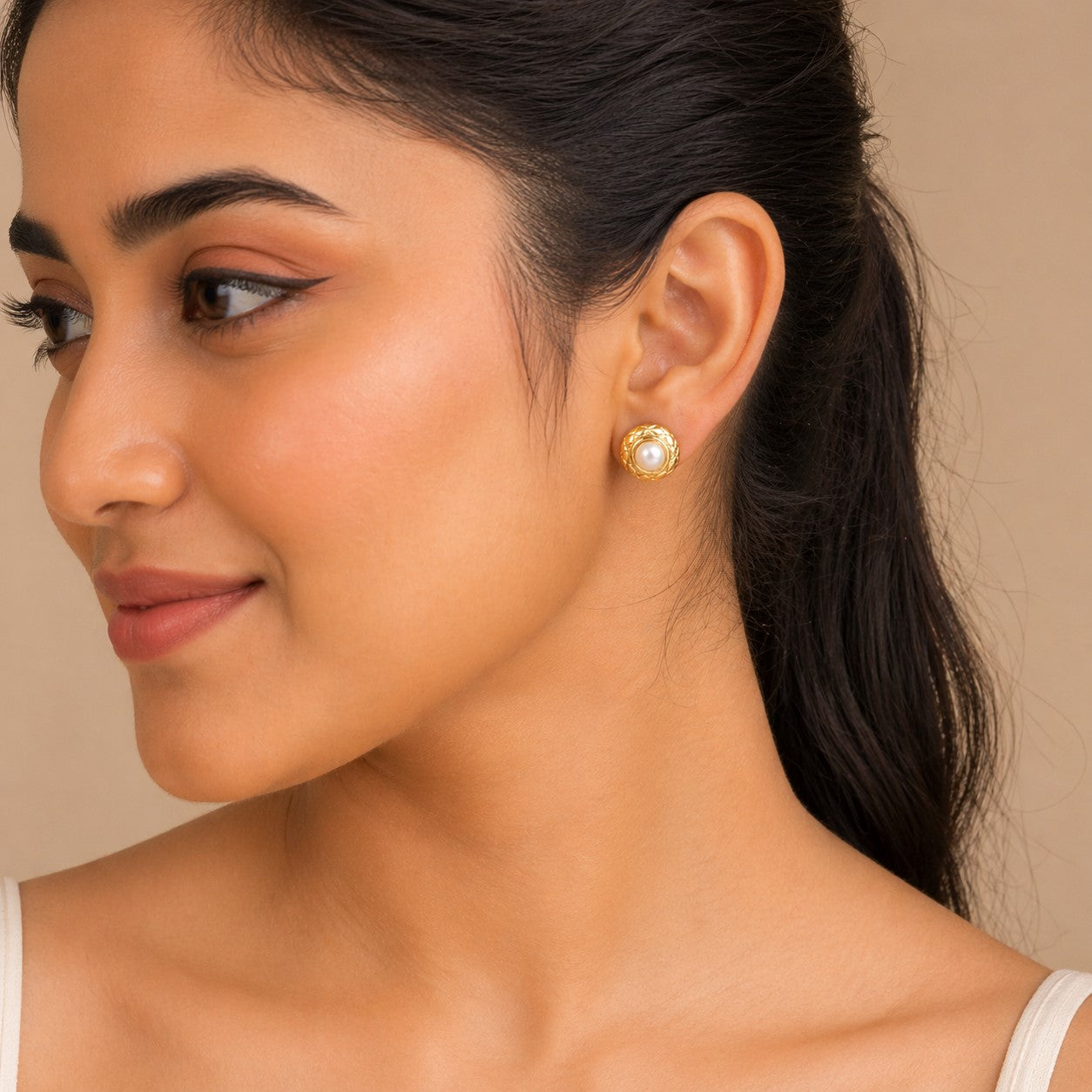 Vintage Gold Pearl Stud Earrings