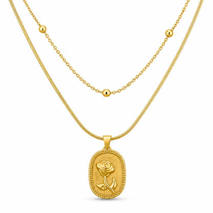 Gold Rose Pendant Layered Necklace