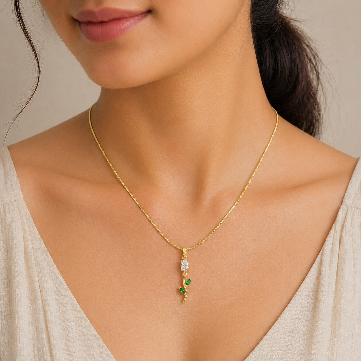 Gold White Crystal Flower Pendant Necklace
